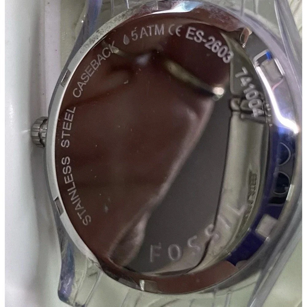 Fossil Womens ES2603 Watch Clear Strap W/Teal Blue Glitz Bezel Face Dazzle EUC